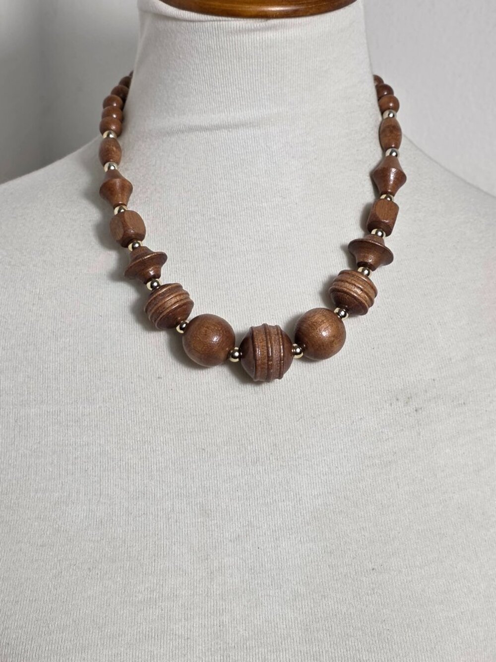 Chunky Boho-Style Necklace Carved Wooden Beads Silver Tone Spacers